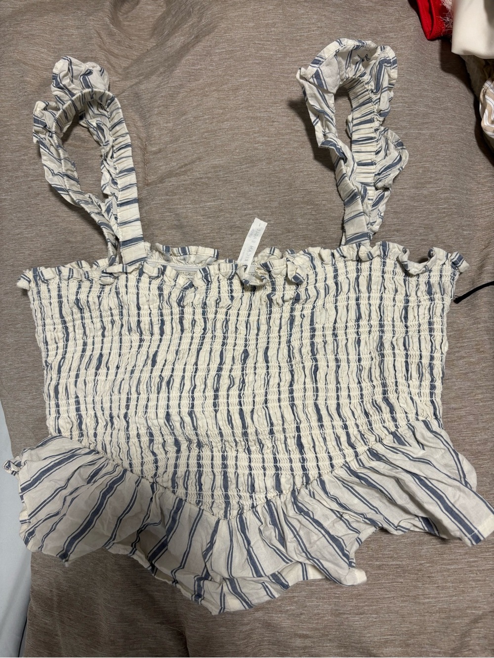 American Eagle Outfitters Cream & Blue Striped Smocked Ruffle Crop Top